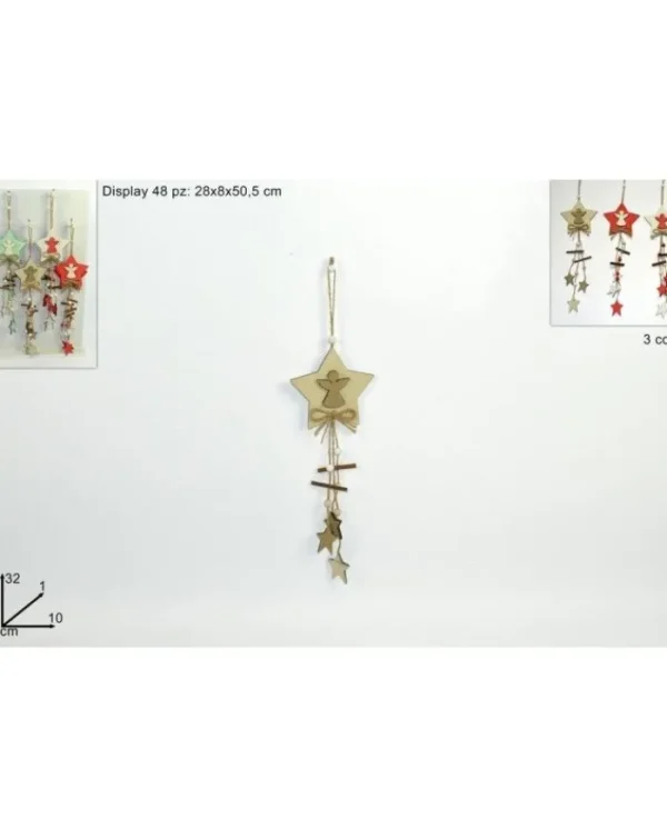 * Addobbi Per Albero>Addobbo Appendino Stella Di Legno Con Angelo 32X1X10 Cm