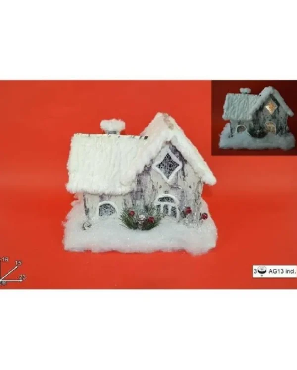 DUE ESSE CHRISTMAS Addobbi Casa E Ambiente>Addobbo Casetta Con Luce E Pelliccia Effetto Neve 23 Cm