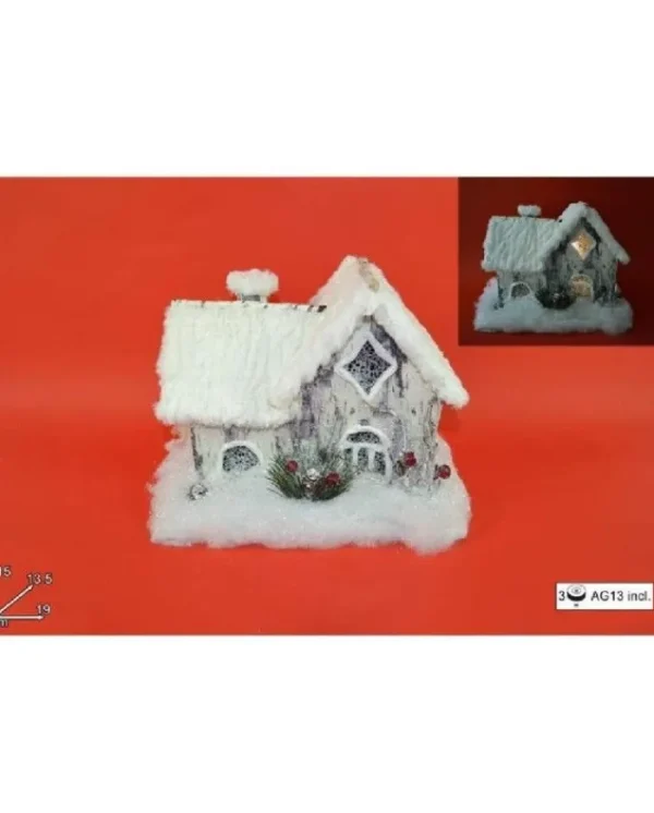 DUE ESSE CHRISTMAS Addobbi Casa E Ambiente>Addobbo Casetta Con Luce E Pelliccia Effetto Neve 19 Cm